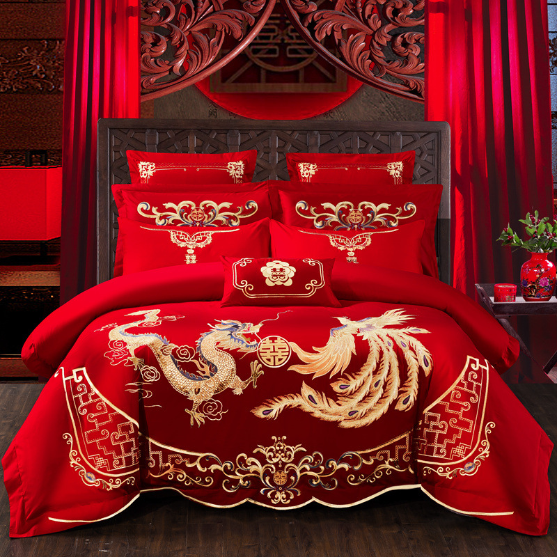 Red embroidery wedding high-end four-piece cotton quilt cover bed sheet cotton wedding multi-piece set dowry festive