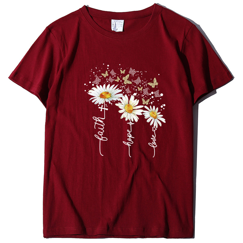 Cross-Border Butterfly Chrysanthemum Print Casual T-Shirt New Summer Short-Sleeved Women's 2023 European and American Export Tops Women's Round Neck