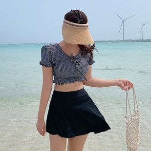 Source Factory 2023 New Split Swimsuit Women's Japanese and Korean Plaid Small Chest Gathering Skirt Three-piece Hot Spring Swimsuit