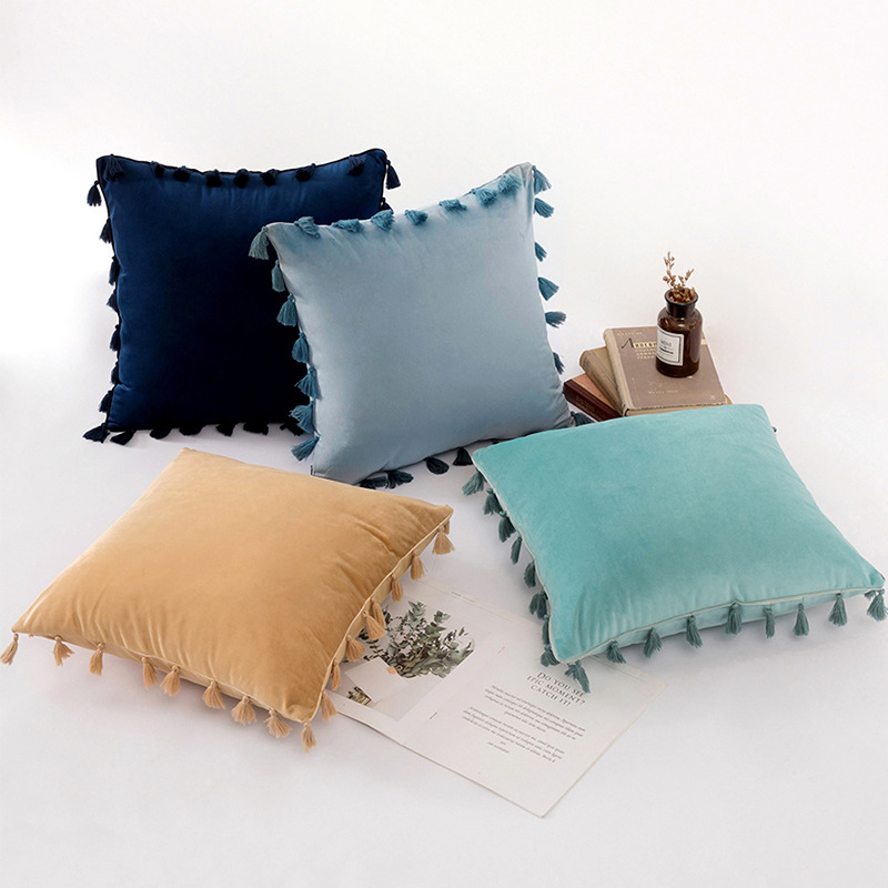 Ins-style tassel velvet sofa cushion cover | Simple solid-color plush bedside backrest pillowcase | Pillow insert not included