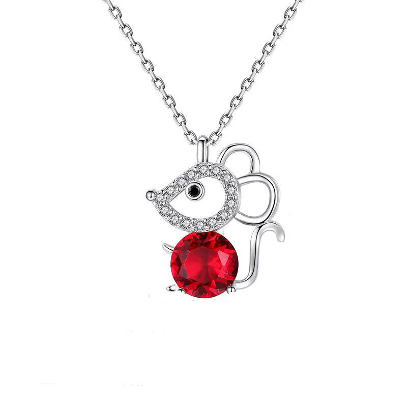 Little Mouse Micro-Inlaid Zircon Ruby Cross Chain Necklace for Women, Versatile Pendant with Platinum Plating, National Trend Style Little Mouse Micro-Inlaid Zircon Ruby Cross Chain Necklace for Women, Versatile Pendant with Platinum Plating, National Trend Style