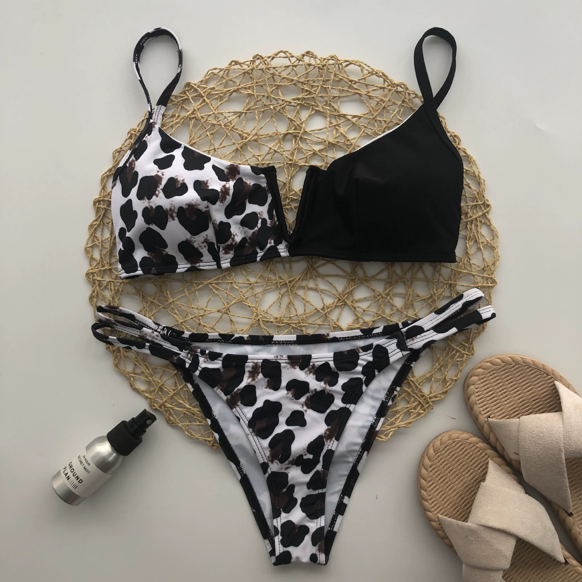 AliExpress Amazon Explosion Hot Sell Black Leopard Stroke Strong V Steel Too Sexy Skin Bikini Bikini