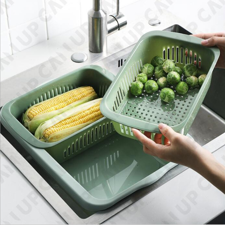 Multi-functional double-layer draining basket with lid kitchen refrigerator draining crisper plastic fruit storage basket