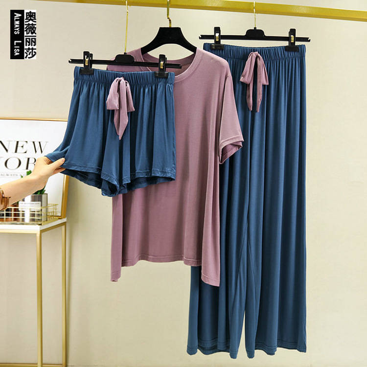 Summer Contrast Color Modal Short-sleeved Trousers Loose plus size Fatty Pajamas Home Clothes suit Leisure Square Dance