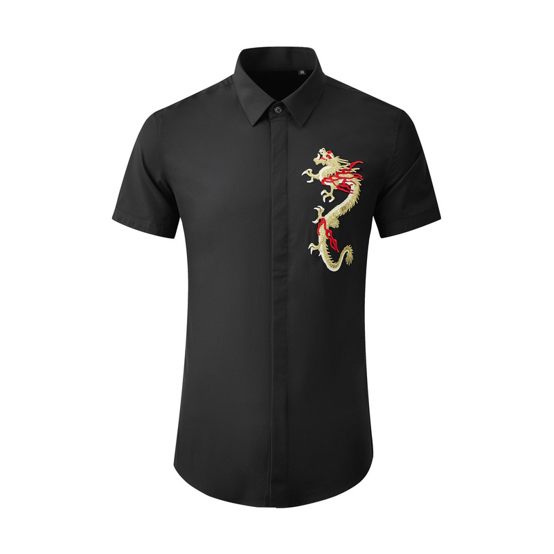 Summer Short-Sleeved Little Dragon Embroidery Chinese Style Men's Shirt Retro Exquisite Slim Fit Cotton Personalized Men's Clothing Summer Short-Sleeved Little Dragon Embroidery Chinese Style Men's Shirt Retro Exquisite Slim Fit Cotton Personalized Men's Clothing