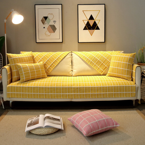 Nordic Modern Cotton Linen Fabric Grid Sofa Cushion Cover All-Season Universal Fresh Backrest Scarf Full Cover