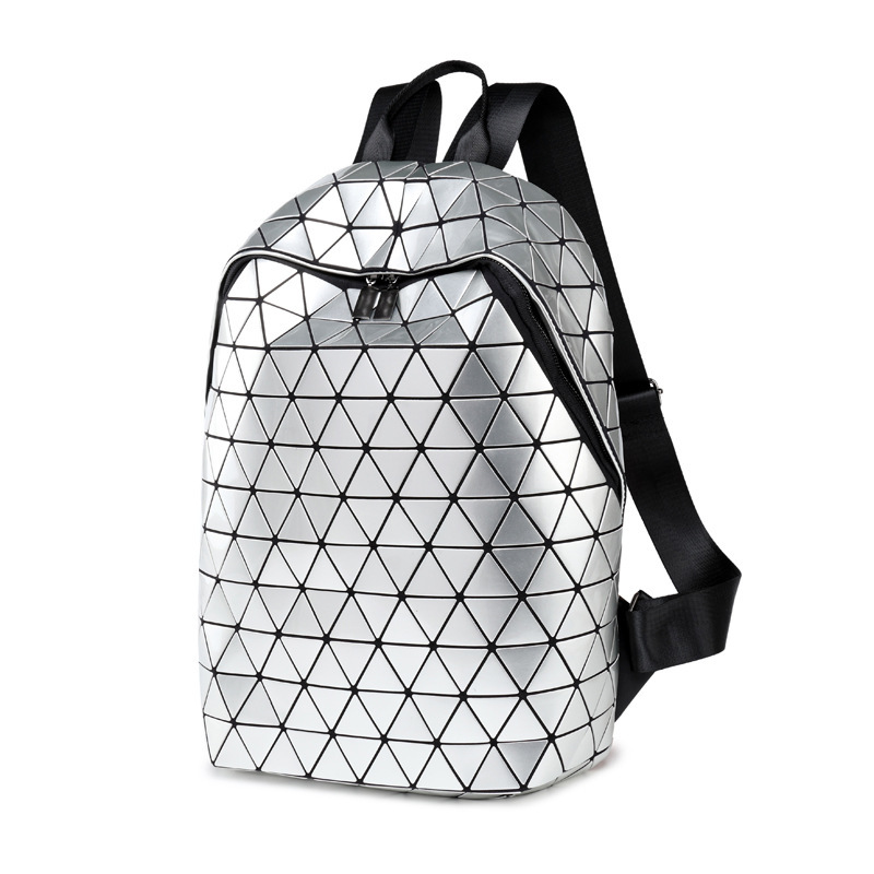 Mochila luminosa a laser geométrica feminina em PU com grade de diamantes da moda_voghion.com