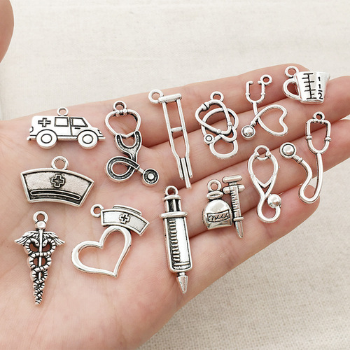 Factory Direct Sale Tibetan Silver Small Pendant DIY Bracelet Necklace Medical Supplies Nurse Cap Stethoscope 1 Piece Decorative Accessory