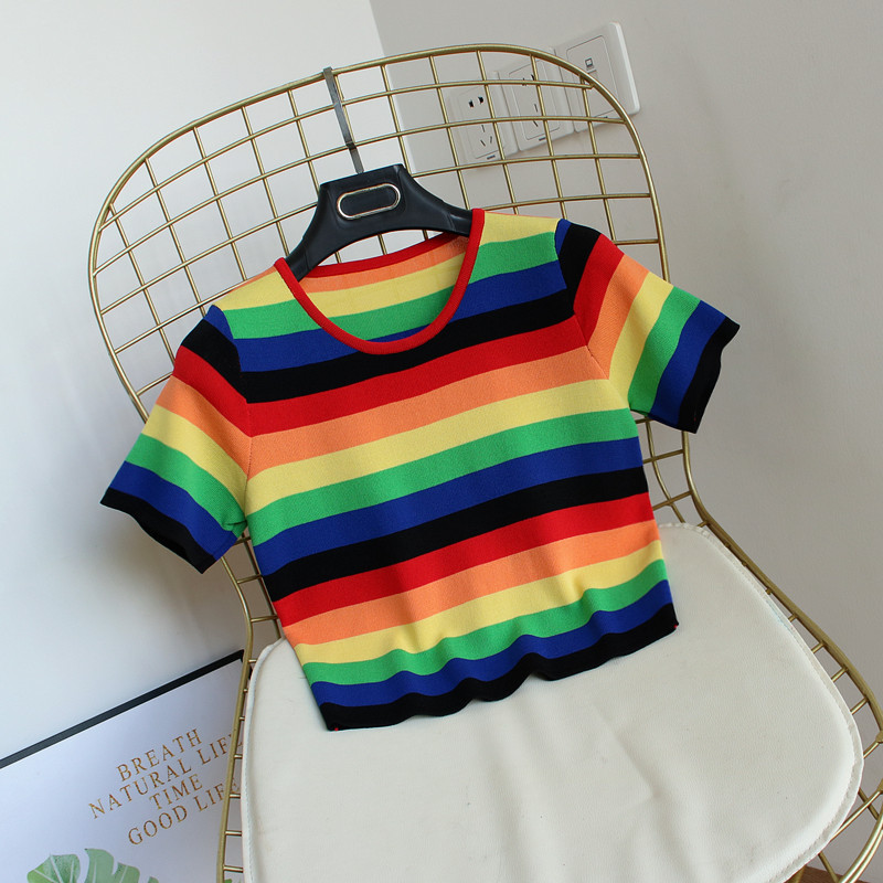European Station 2024 Summer New Rainbow Striped Knitted Base T-shirt Short Women's Girlfriend Crewneck Short-sleeved Shirt