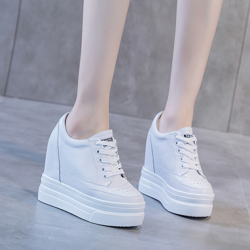 2024 spring and autumn shoes breathable inner height increasing women's shoes 11cm hollow small leather shoes thick sole casual shoes small black shoes for women