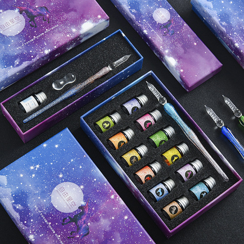Internet celebrity starry sky glass pen set signature pen crystal student dip pen glass dip ink pen stationery gift pen
