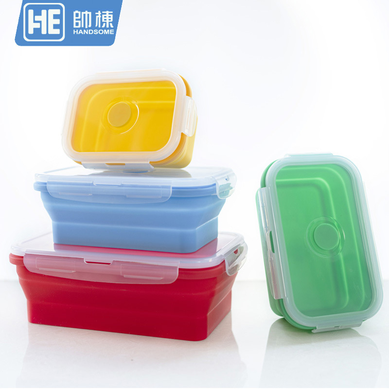 Amazon caja de almuerzo de silicona caliente crisper silicona plegable de cuatro piezas caja de almuerzo de viaje al aire libre en stock al por mayor