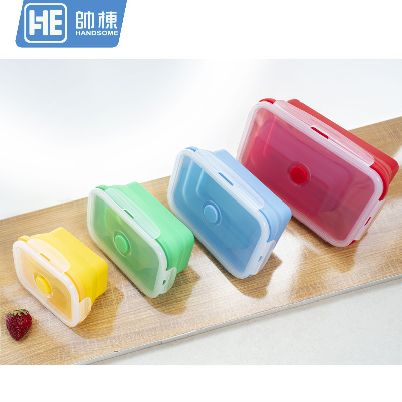 Amazon caja de almuerzo de silicona caliente crisper silicona plegable de cuatro piezas caja de almuerzo de viaje al aire libre en stock al por mayor