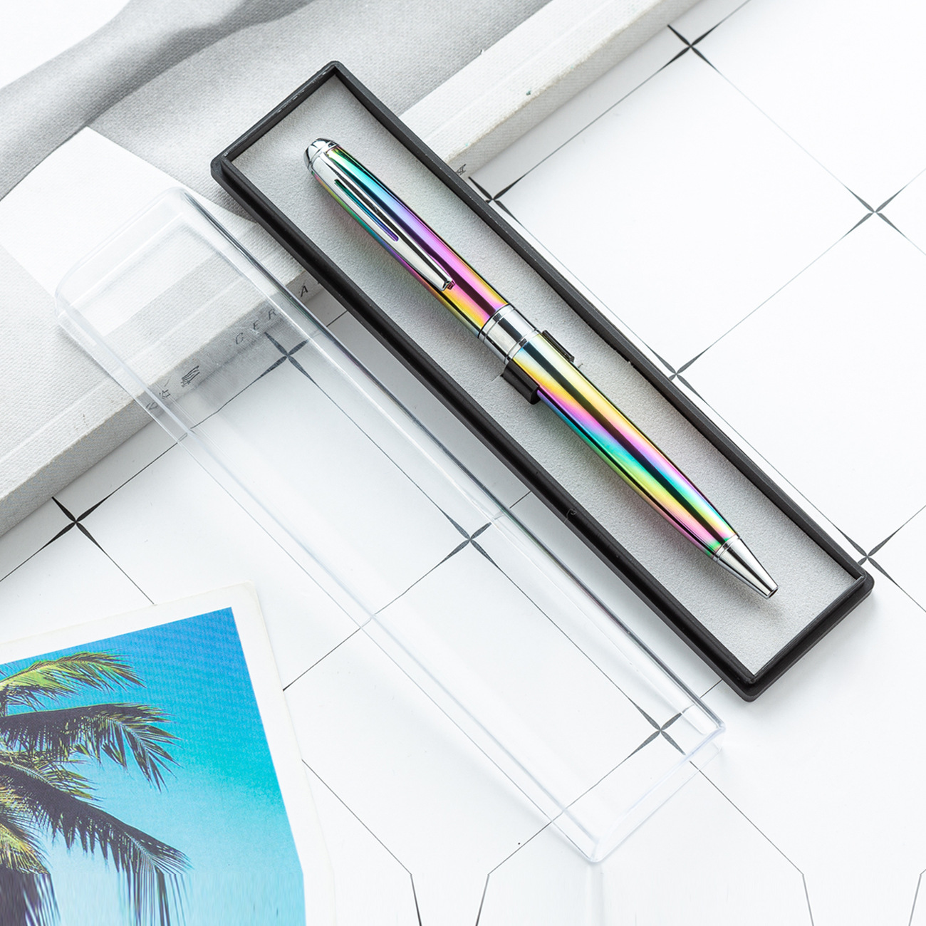 En stock caja de pluma de cristal transparente caja de pluma de diamante caja de pluma de regalo de plástico rectangular logotipo imprimible fábrica al por mayor