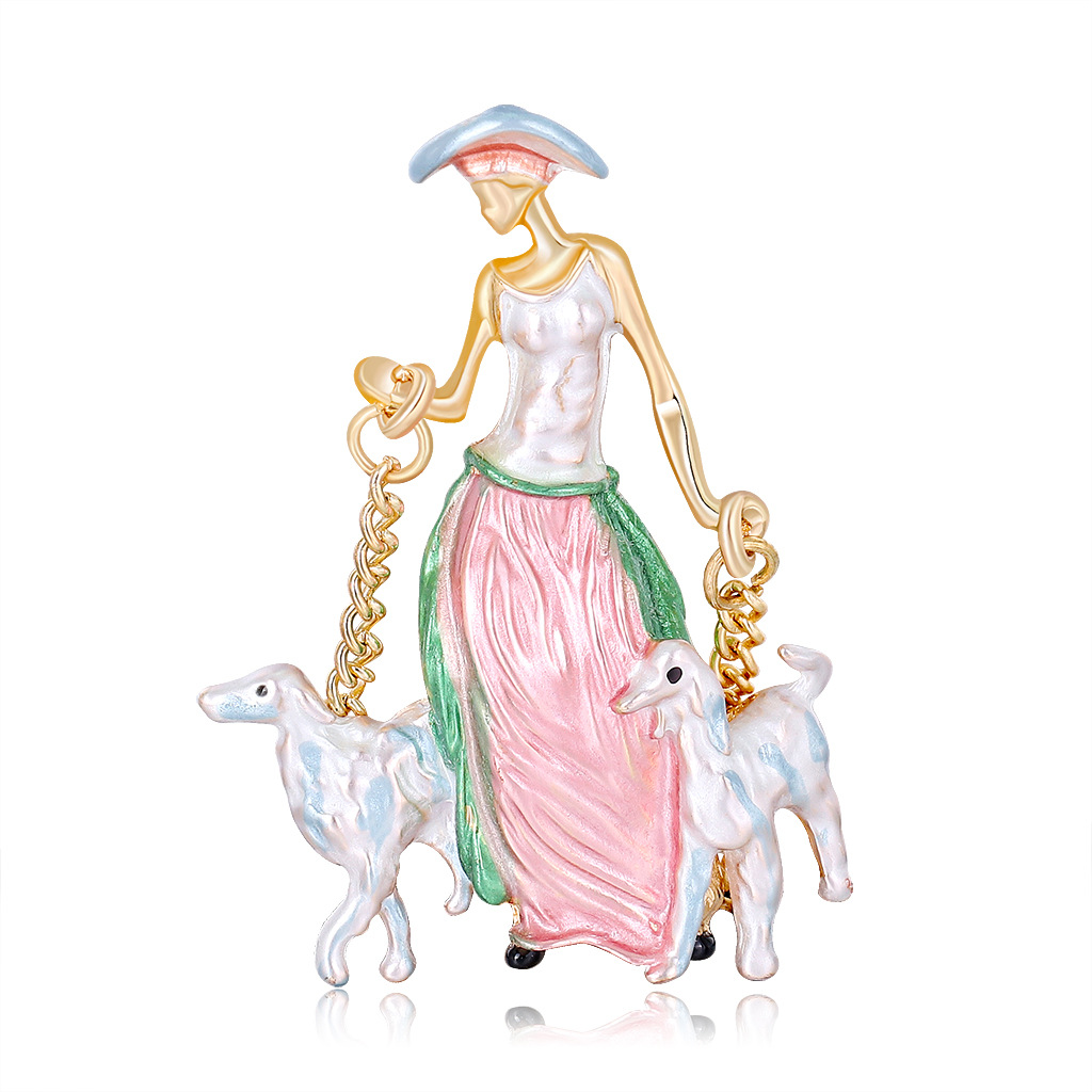 Lady Holding Dog Brooch, New Elegant Painted Girl Cartoon Brooch, Versatile Oil Dripping Brooch, Clothing Accessories