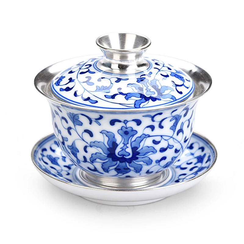 Tea set, blue and white big silver bracelet handmade, 925 sample silver, hand painting