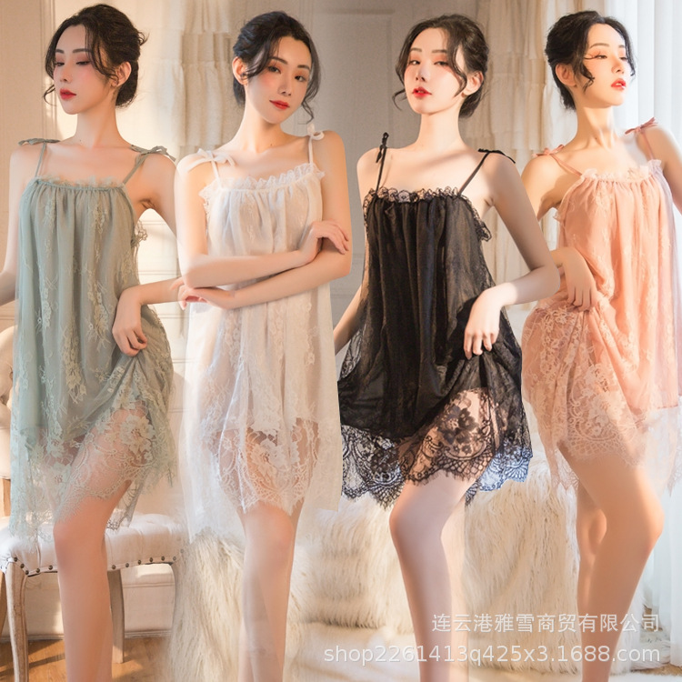 Huan lapel sexy pajamas women summer sweet hot fun private factory foreign trade generation lace condole belt nightgown plus size