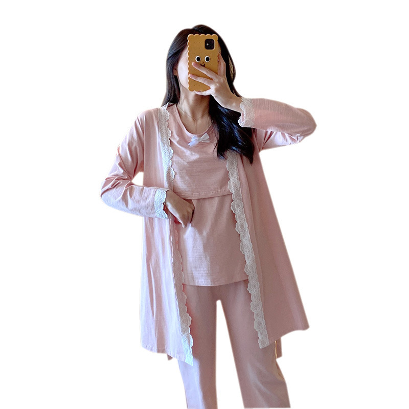 Spring and Summer Thin Pure Cotton Internet-famous Maternity Clothes Postpartum Outer Wear Lactation Three-piece Pajamas Prenatal and Postpartum Home Clothes