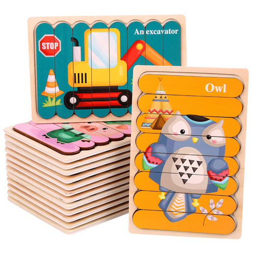 Cross-border wooden creative strip puzzle children's educational early education enlightenment cognitive cartoon animal puzzle toys wholesale