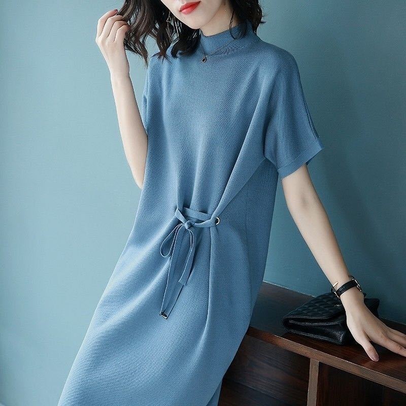 Stand Collar Short-Sleeved Knitted Dress for Women 2024 Spring and Summer New European and American Clothing Mid-Length Elegant Skirt Trendy Stand Collar Short-Sleeved Knitted Dress for Women 2024 Spring and Summer New European and American Clothing Mid-Length Elegant Skirt Trendy