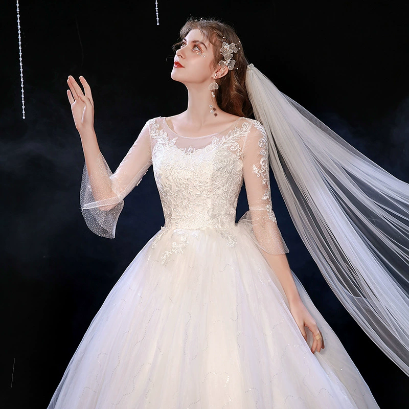 Оптовый поставщик свадебных платьев 2025 новая lace одно плечо невеста средняя длина рукав студийное свадебное платье лета F73