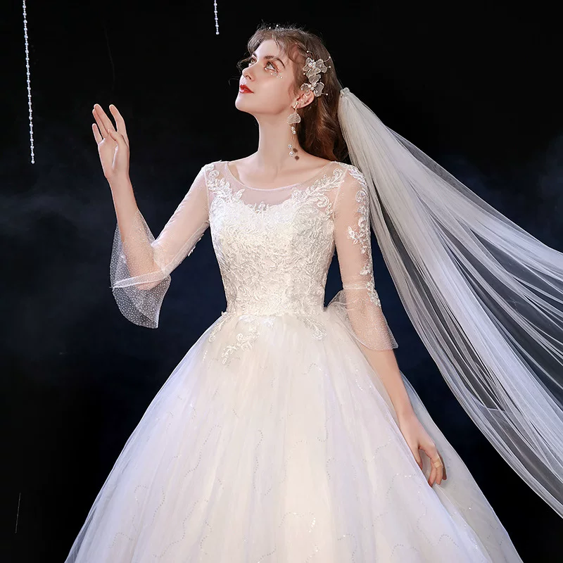 Оптовый поставщик свадебных платьев 2025 новая lace одно плечо невеста средняя длина рукав студийное свадебное платье лета F73