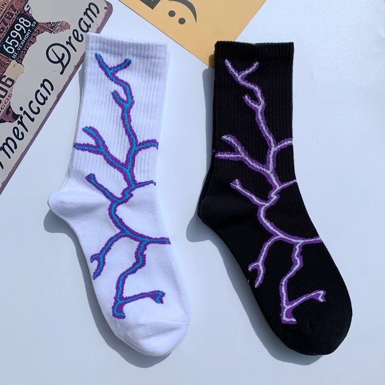 Lightning Stripesd Socks Ins Trendy Internet Celebrity Men and Women Mid-Calf European and American Black and White Preppy Style Street Skateboarding Sports Socks