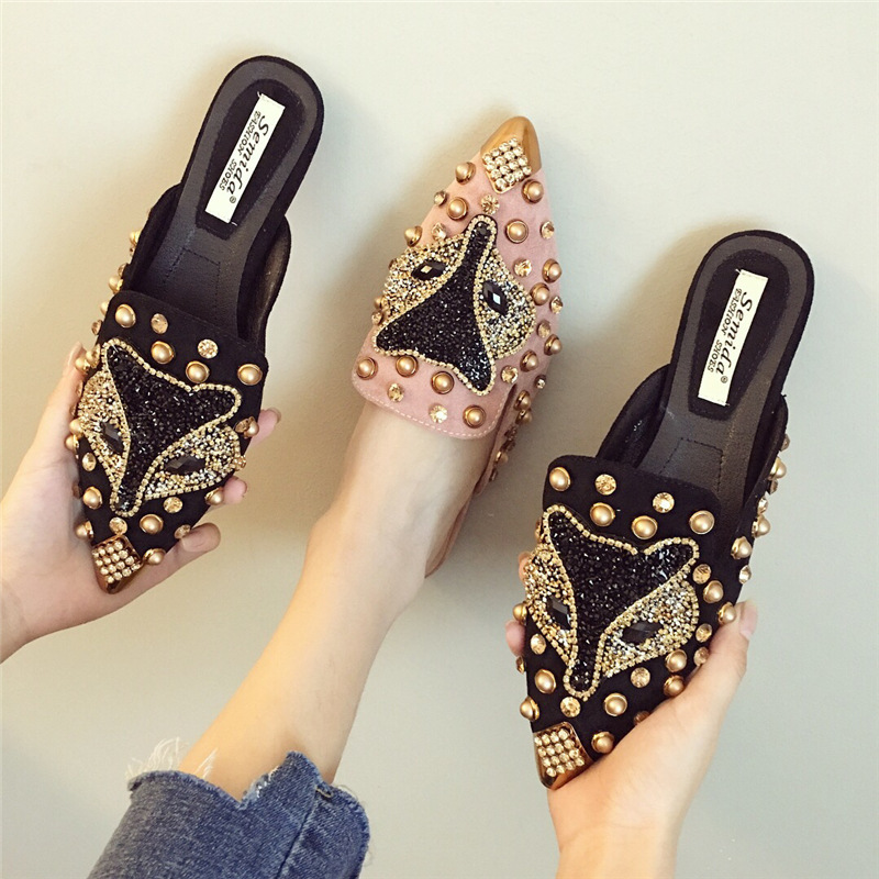 A generation of hair net red sandals and slippers women's summer wear Baotou slippers rhinestone half slippers Joker pointed flat shoes