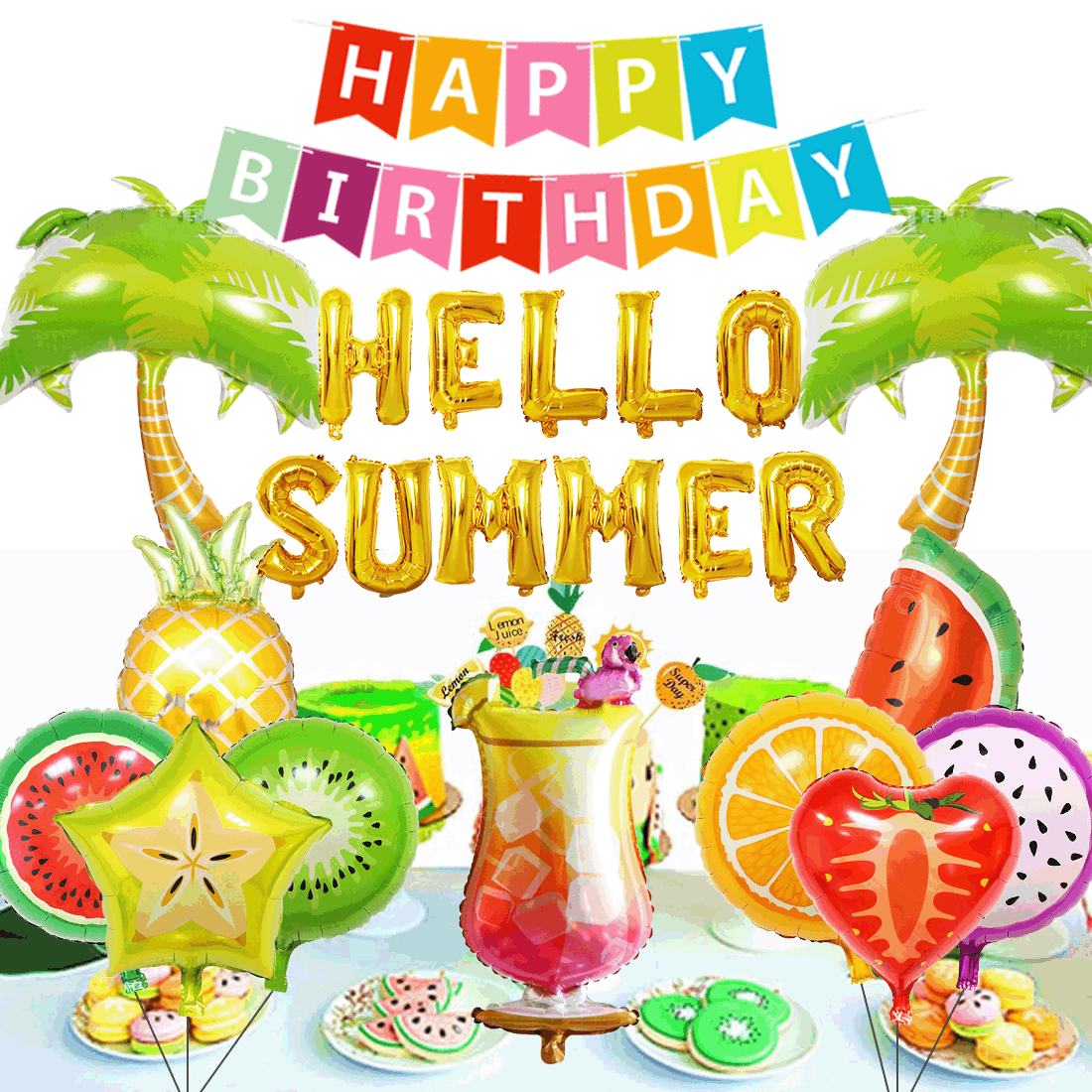 Verano tema Fiesta suministros Feliz cumpleaños colorido tire bandera fruta película de aluminio globo Hawaiano decoración del partido