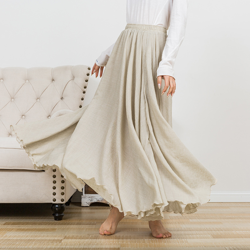 Spring and Summer Cotton and Linen Skirt Mori Women's Artistic Stitching Mid-length Skirt Linen Famous Ethnic Style Fresh Sweet Slim Large Swing Skirt