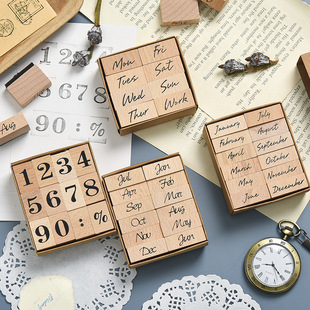 MT-19 Wooden Week Month Seal Daily Payment Rubber Hand Account Decoration Diary Lotus Combination English Stamp