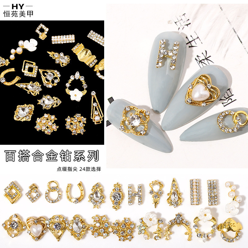Hot-Selling New Nail Art Alloy Jewelry Rhombus-Shaped Sparkling Diamond Nail Stickers Decorative Metal Diamond Flower Nail Art Diamonds in Stock