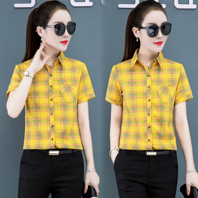 Camisa a cuadros manga corta para mujer 2020 Verano nuevo estilo coreano camisa casual fresca elegante Top para mujer