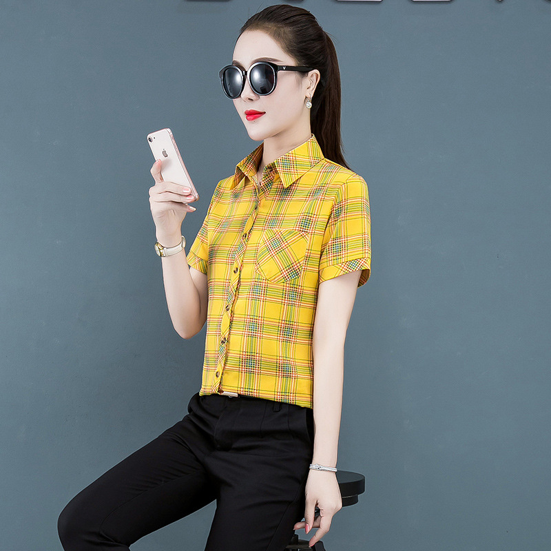 Camisa a cuadros manga corta para mujer 2020 Verano nuevo estilo coreano camisa casual fresca elegante Top para mujer