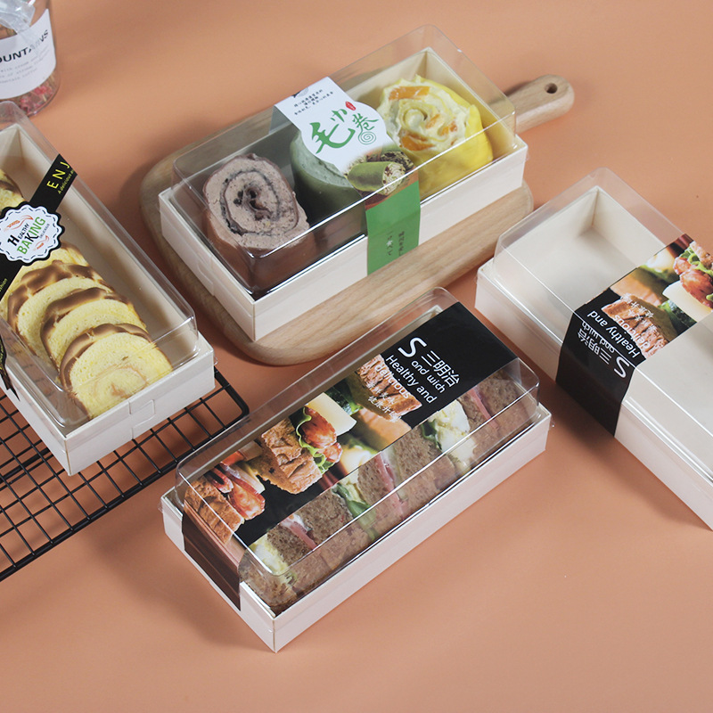 毛巾卷蛋糕包装盒雪媚娘盒子高档透明塑料一次性三明治打包盒木质