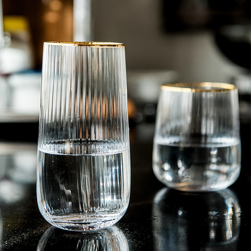 Golden-Edge Transparent Striped Glass Cup Home Light Luxury Style Living Room Water Cup Set Whiskey Cup Beer Cup Bar Cup