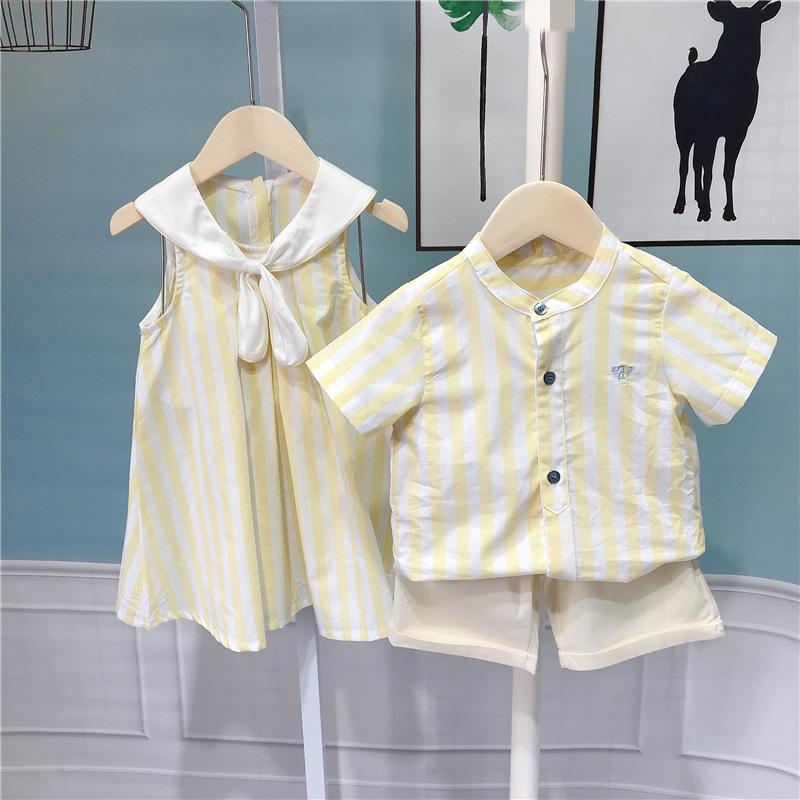 Men's and women's baby striped shirt suit dress Western style Korean sister and brother outfit Dragon and Phoenix fetus a generation of hair