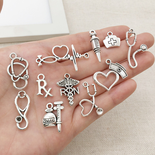 Factory Direct Sale Tibetan Silver Small Pendant DIY Bracelet Necklace Medical Supplies Nurse Cap Stethoscope 1 Piece Decorative Accessory