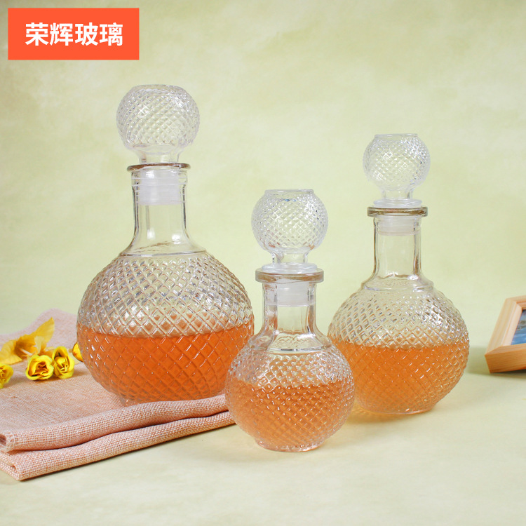 厂家批发圆球钻石醒酒瓶 500ml洋酒玻璃分酒器密封透明泡酒醒酒器