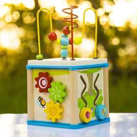 批发儿童木质时钟绕珠玩具百宝箱1--4岁四面智力多功能木制串珠盒