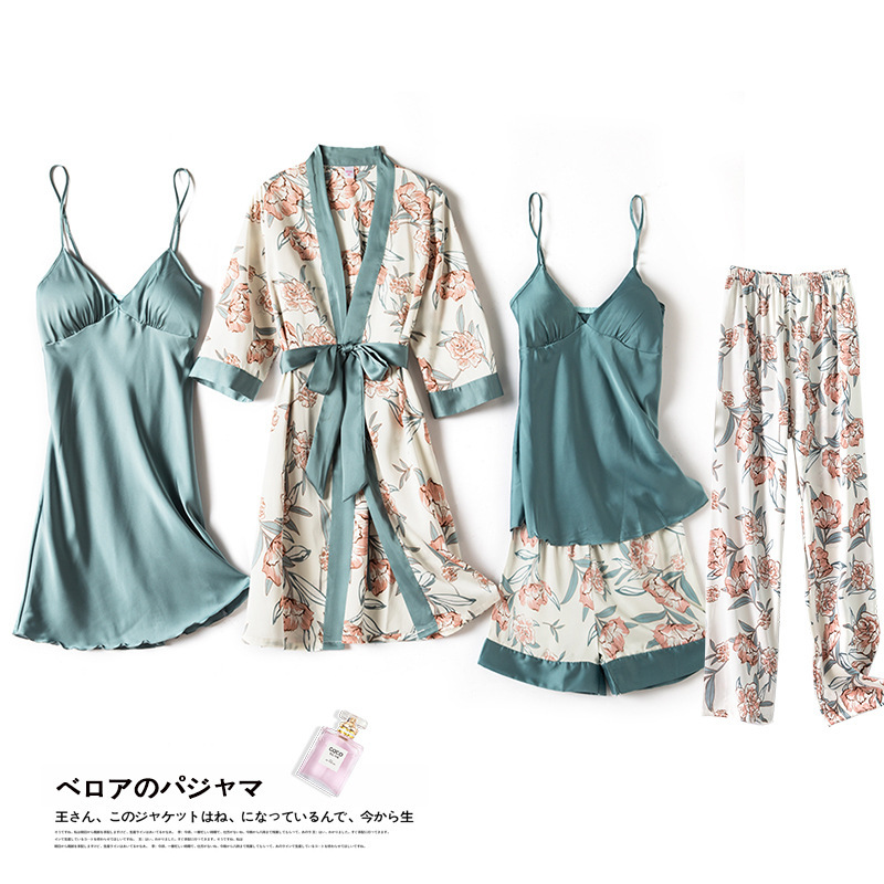 Spring and Summer Feminine Thin Ice Silk Pajamas Five-Piece Set Long-Sleeved Nightgown Suspenders Breast Pad Nightgown Pants Autumn Home Clothes