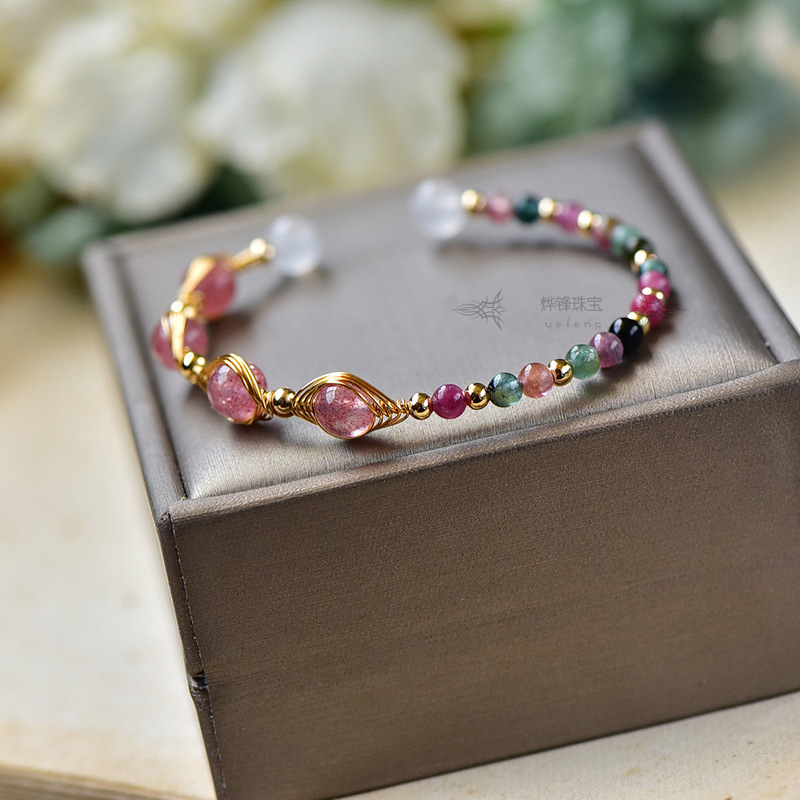 New Fine Natural Strawberry Crystal Candy Tourmaline Crystal 14K Pack Gold Bracelet Women's Gift Summer Opening Bracelet
