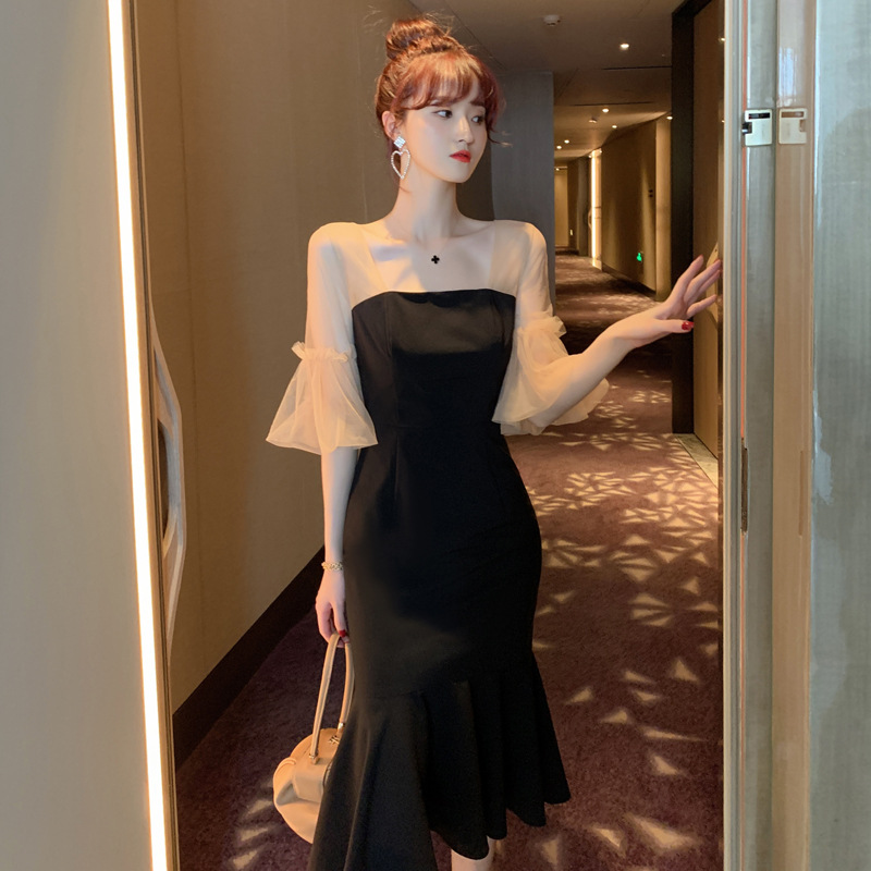 Dress 2026 Summer New Style Feminine Square Neck Mesh Splicing Lantern Sleeves Slim Fit Fishtail Dress 3972