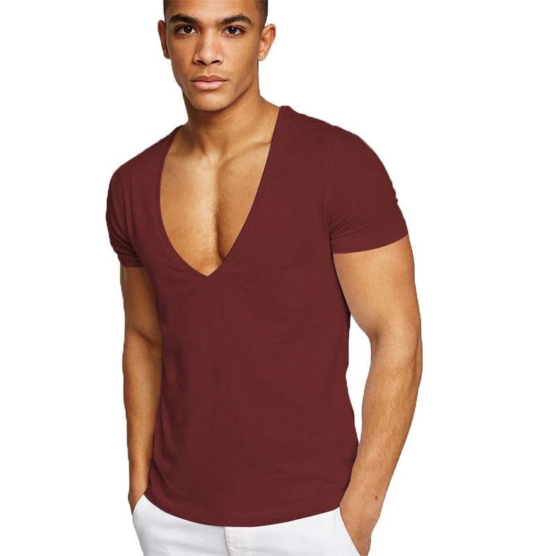 Especial transfronterizo para hombres Fitness Deportes Ocio verano algodón absorbente de sudor color sólido Tamaño europeo profundo cuello en V Camiseta entrega de una pieza