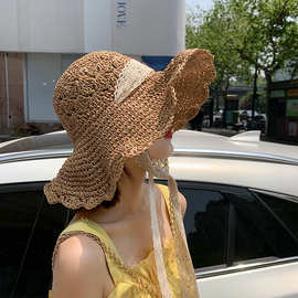 草帽女韩版潮百搭沙滩大帽檐夏季帽子蕾丝防风透气遮阳防晒小清新