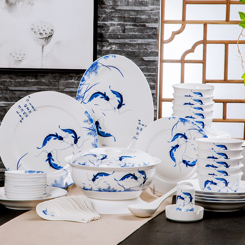 Blue and White Porcelain Bowl and Plate Set, Creative Gift Box Promotional Gift, Jingdezhen Ceramic Rice Bowl Tableware, Chinese Style Blue and White Porcelain Bowl and Plate Set, Creative Gift Box Promotional Gift, Jingdezhen Ceramic Rice Bowl Tableware, Chinese Style