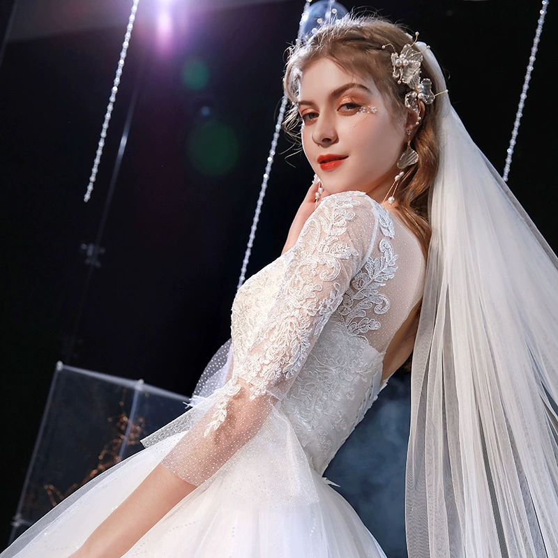 Оптовый поставщик свадебных платьев 2025 новая lace одно плечо невеста средняя длина рукав студийное свадебное платье лета F73