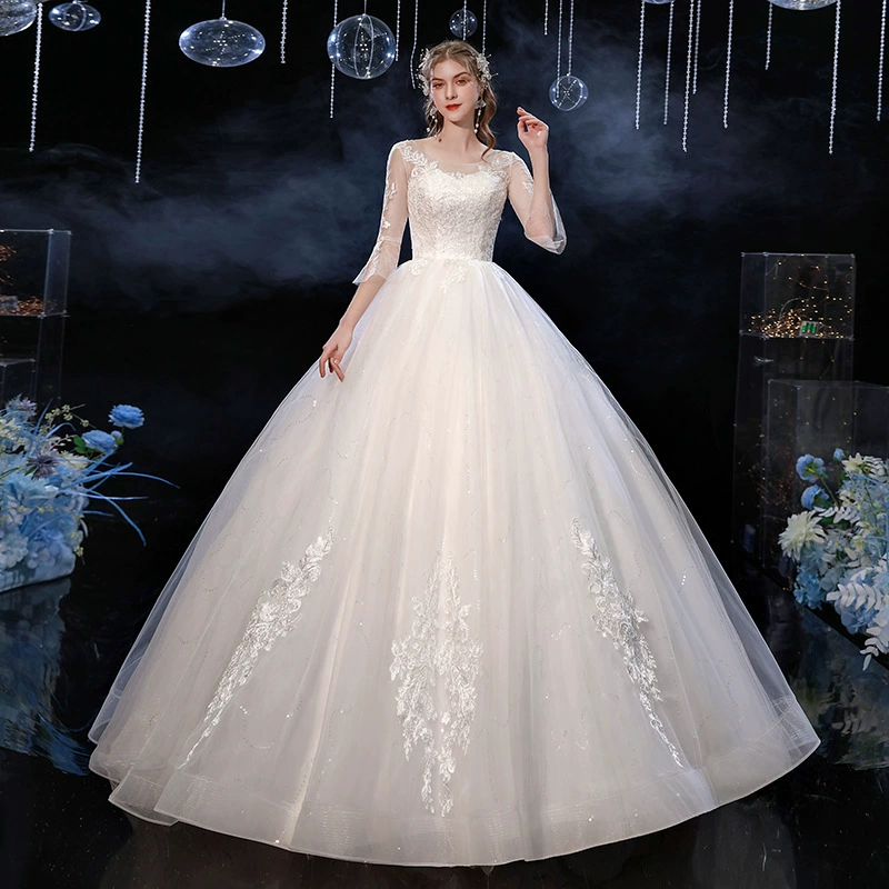 Оптовый поставщик свадебных платьев 2025 новая lace одно плечо невеста средняя длина рукав студийное свадебное платье лета F73