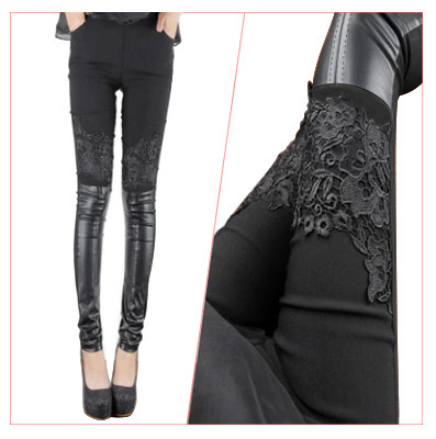 Lace Leather Pants Women's New Spring and Summer Bottoming Leather Pants Small Leg Pants Women's Casual Pants Korean-style Large Size
