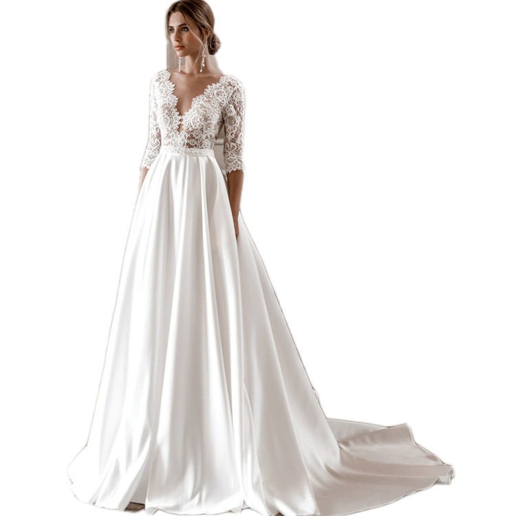 Main Wedding Dress 2025 New Summer Bride High Collar Mid-Sleeve Lace Slim Tail Luxury A-Line Wedding Dress